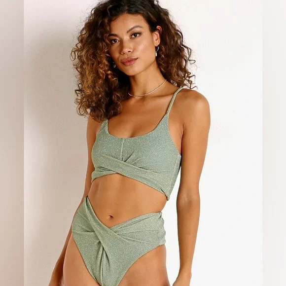 Beach Riot Bikini Kenzie Top & Zuri Bottoms Beryl Green Shimmer Size Small - Picture 3 of 12